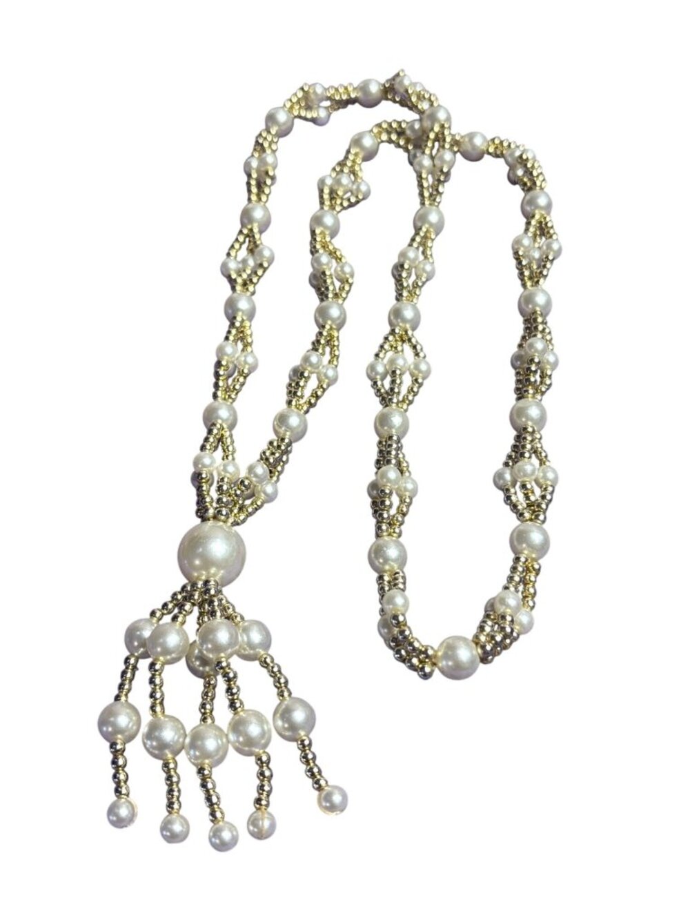 Vintage Beaded Faux Pearl Goldtone Necklace Bead Tassel No Clasp 25 inches Long